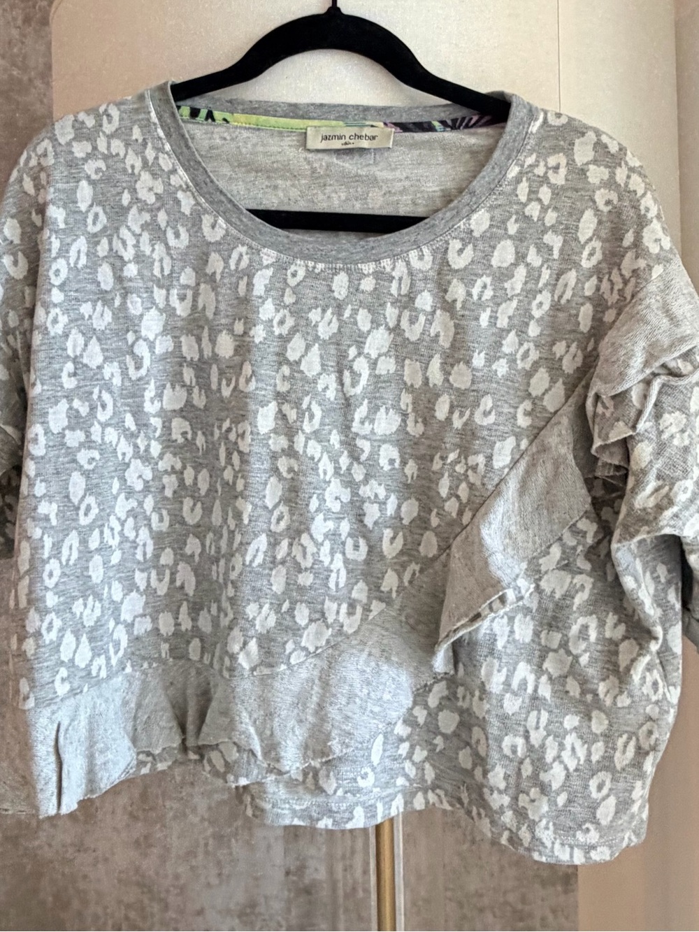 Jazmin Chebar Gray Animal-Print Ruffle Sweatshirt